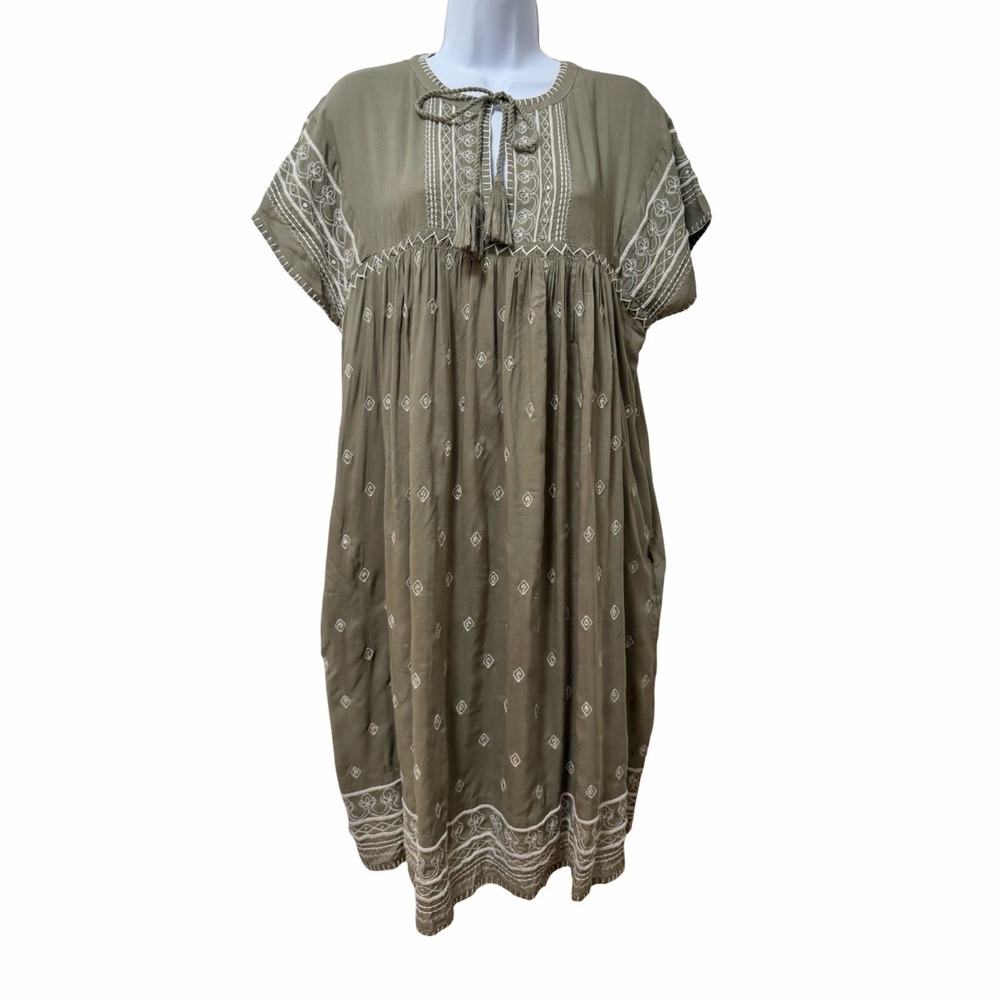 Sundance Aura Embroidered Sequin Tassel Shift Mini Dress Size L Green Boho Gypsy